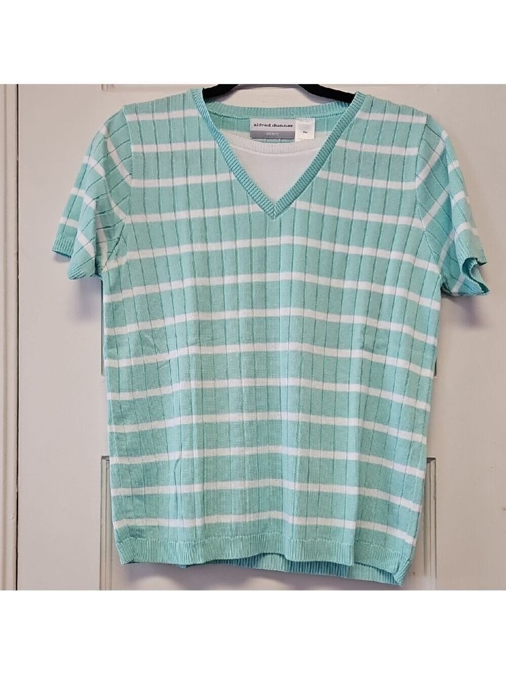 Alfred Dunner Aqua and White V-Neck Top